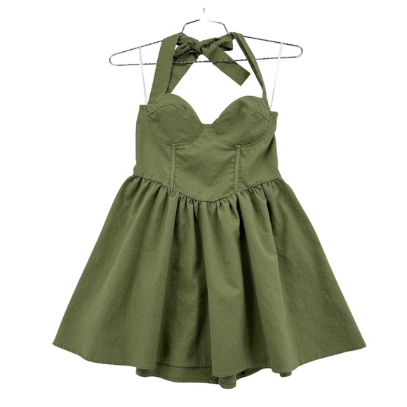 Princess Polly Dresses & Skirts - Princess Polly Olive Green Halter Mini Dress Bustier Cotton Linen Blend Size 6